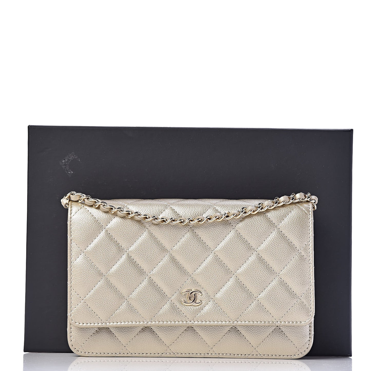 Pearly Caviar Quilted Wallet On Chain WOC Light Gold