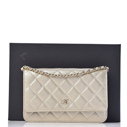 Chanel Pearly Caviar Quilted Wallet On Chain WOC Light Gold 12 of 12