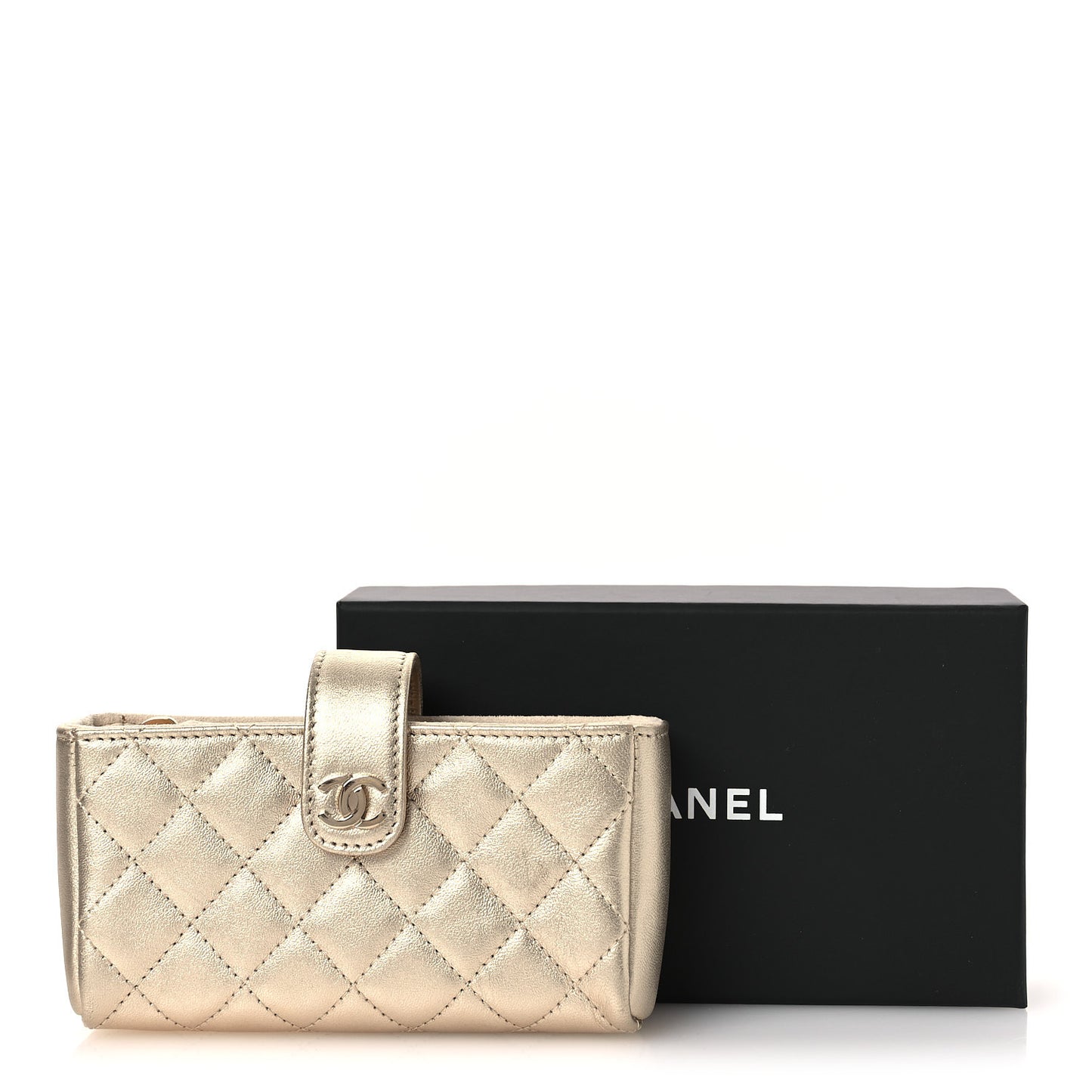 Metallic Lambskin Quilted Mini Phone Holder Clutch Light Gold