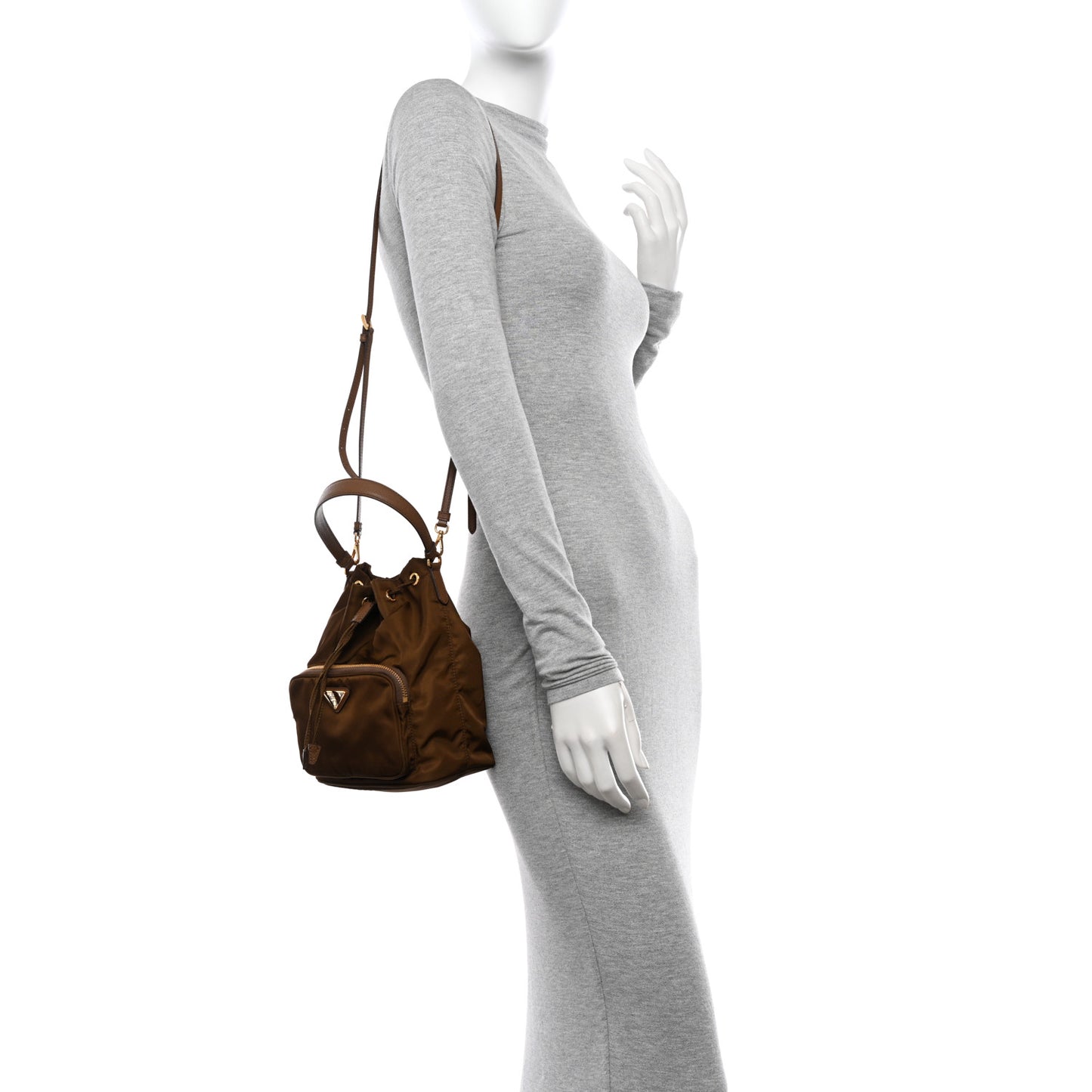 Saffiano Tessuto Nylon Mini Bucket Crossbody Bag Cacao