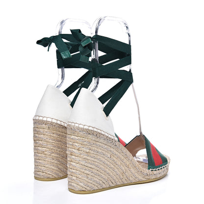 Gucci Canvas Malaga Kid Web Ankle Wrap Espadrille Wedge Sandals 39.5 Green Red Mystic White Emerald 4 of 9