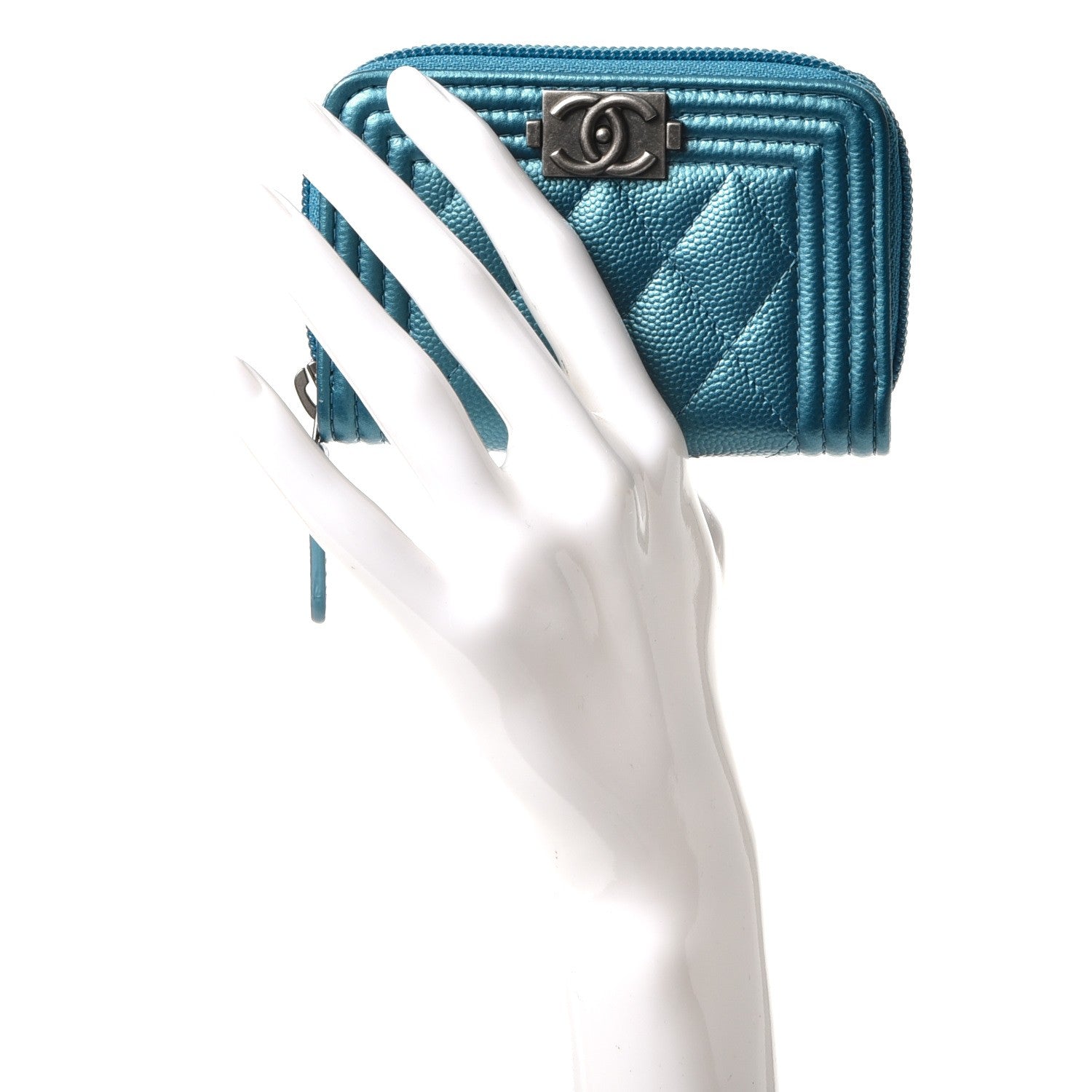Chanel Metallic Caviar Quilted Boy Zip Around Coin Purse Wallet Turquoise 2 of 8