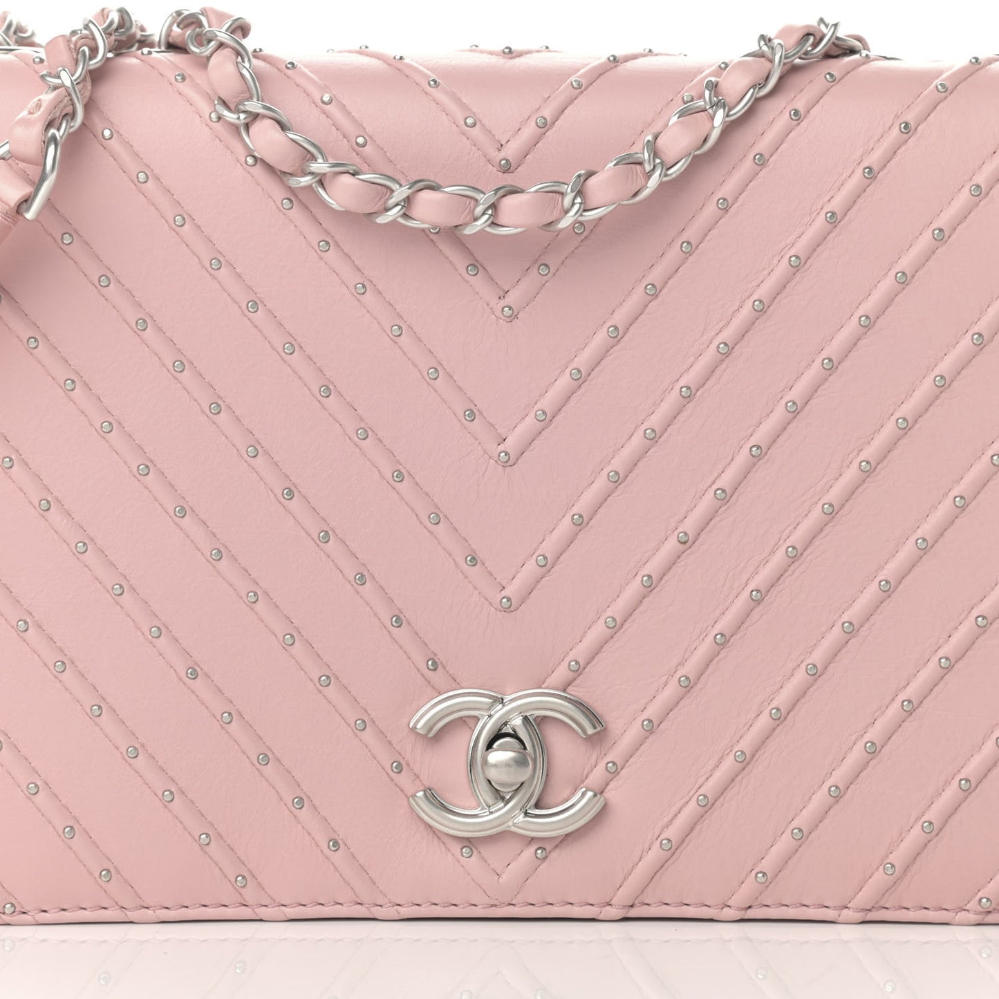 Calfskin Studded Chevron Quilted Flap Pink
