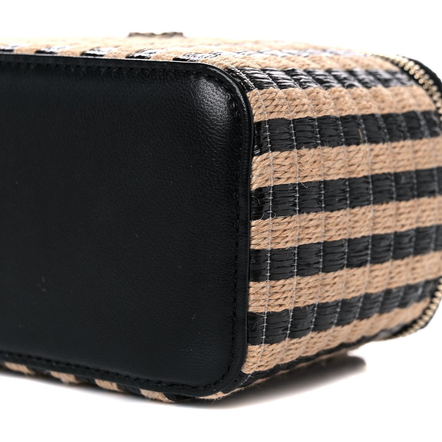 Raffia Jute Striped Small Vanity Case With Chain Black Beige