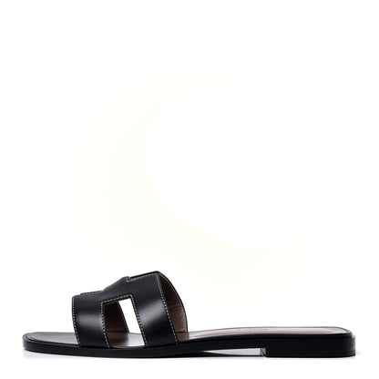 Hermes Box Calfskin Oran Sandals 38.5 Black 1 of 6