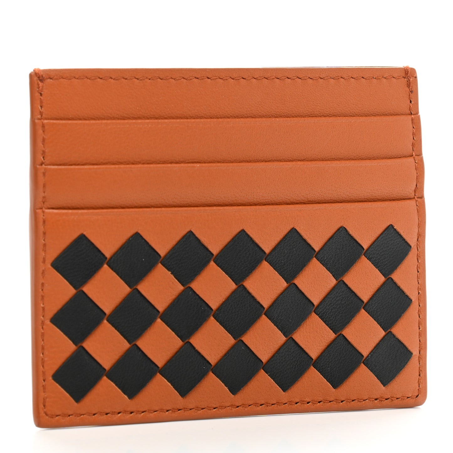 Nappa Intrecciato Woven Bi-Color Card Holder Tan Black