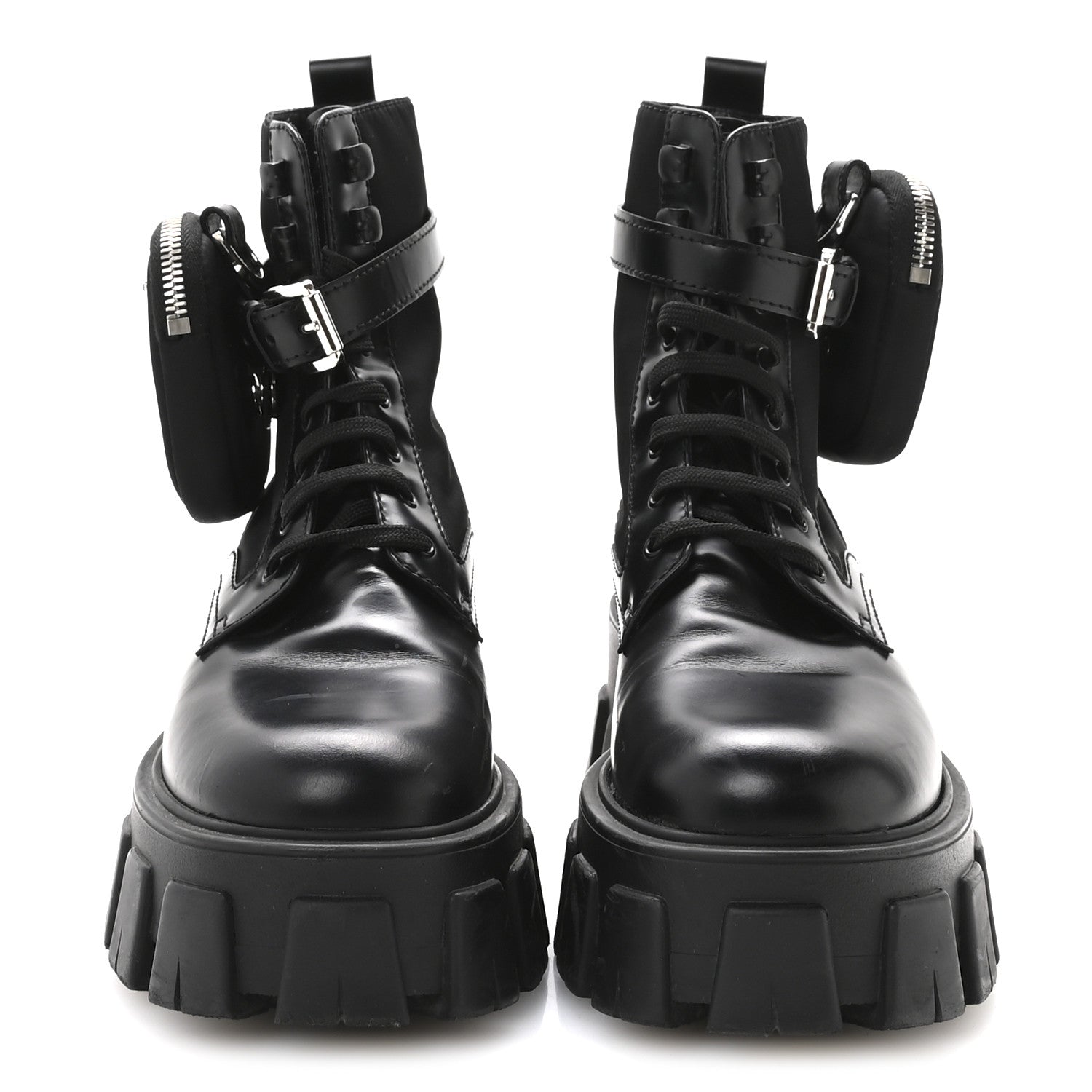 Prada Spazzolato Rois Nylon Metal Triangle Logo Monolith Pouch Pocket 55mm Boots 36.5 Black 3 of 9