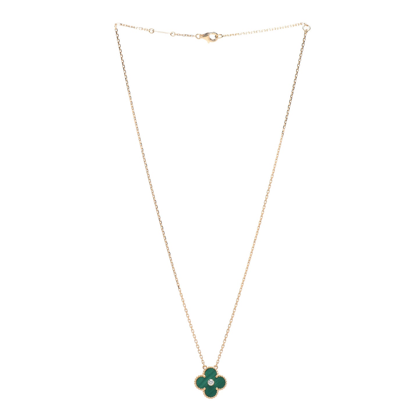 18K Yellow Gold Diamond Malachite Vintage Alhambra Pendant Necklace