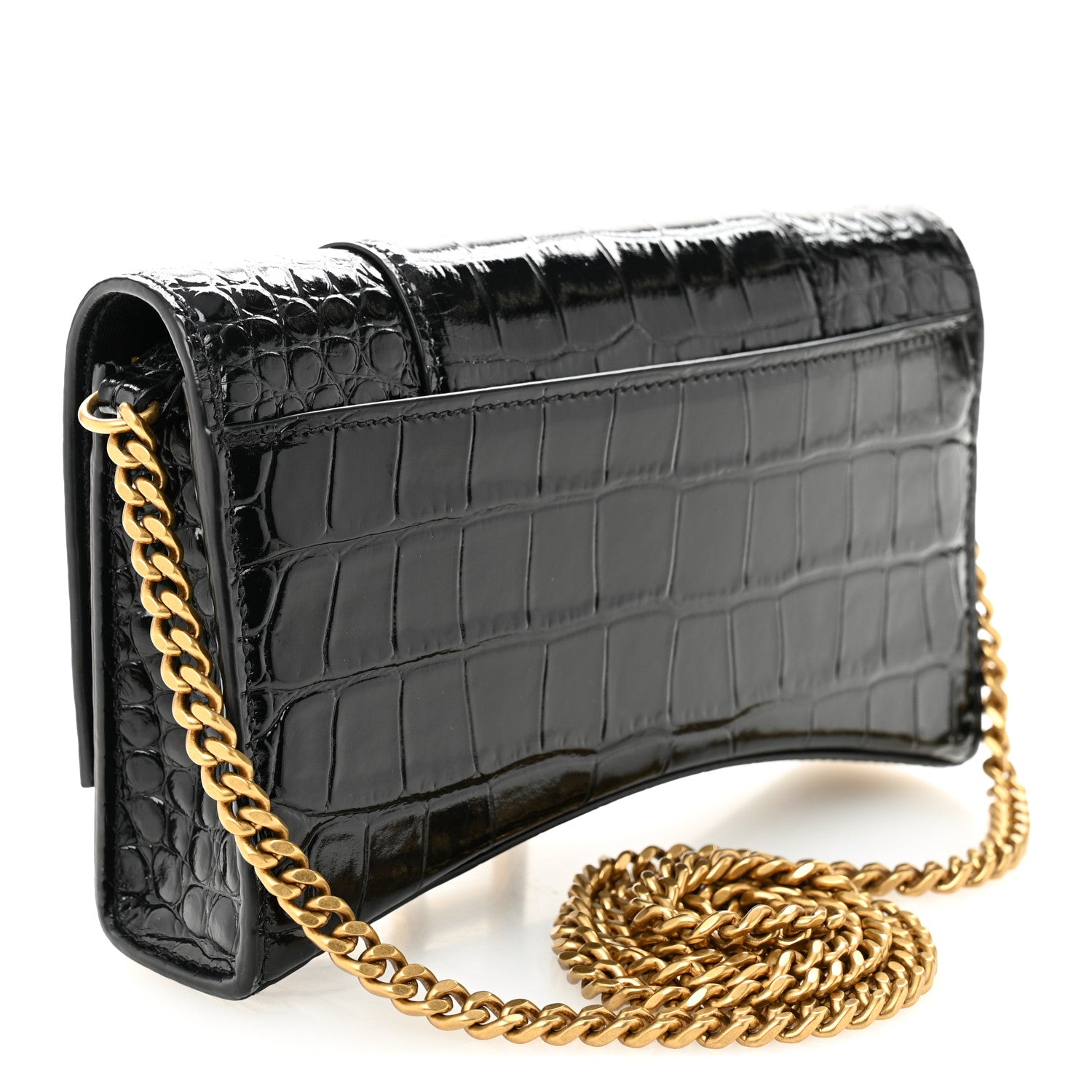 Balenciaga Shiny Calfskin Crocodile Embossed Hourglass Chain Bag Black 3 of 9