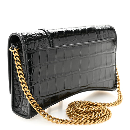 Balenciaga Shiny Calfskin Crocodile Embossed Hourglass Chain Bag Black 3 of 9