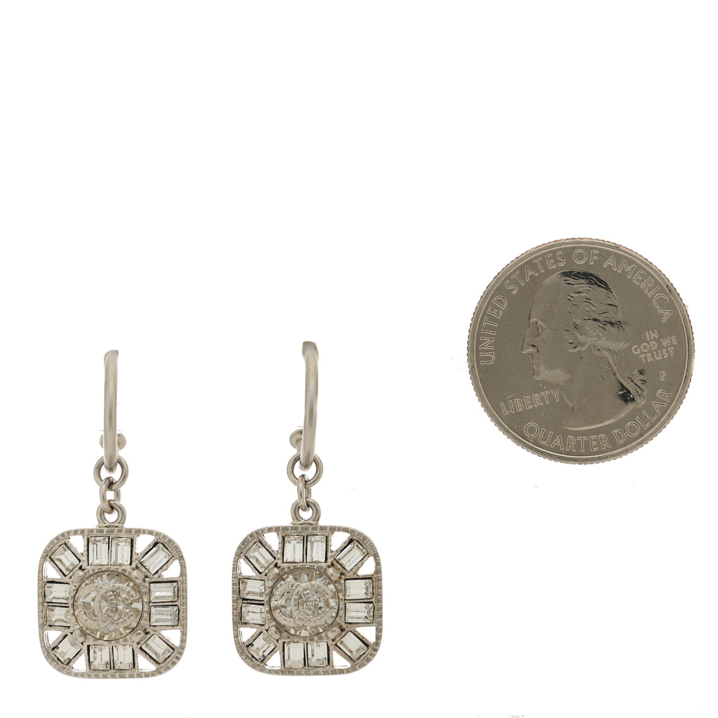 Baguette Crystal CC Drop Earrings Silver