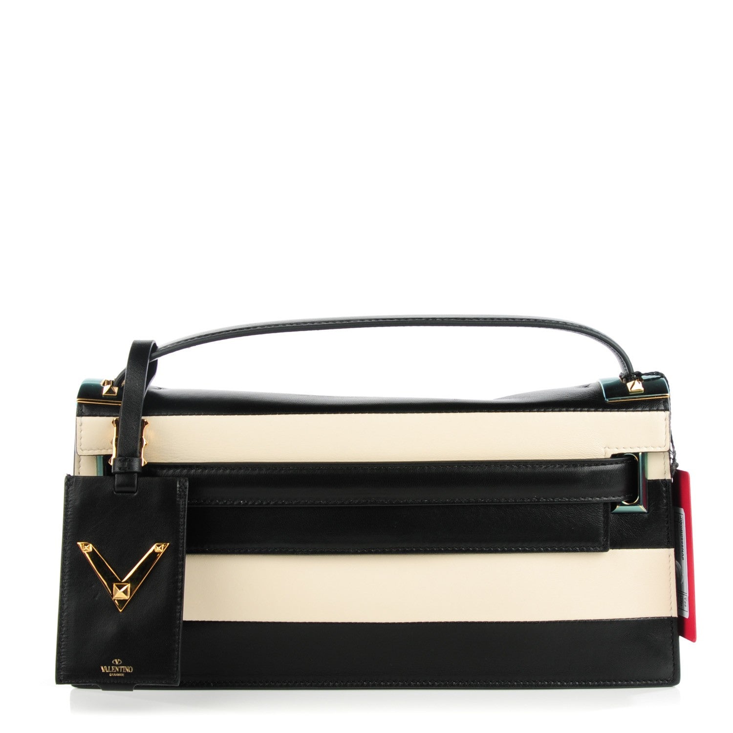 Valentino Garavani Nappa Striped My Rockstud Clutch Black Light Ivory 1 of 7