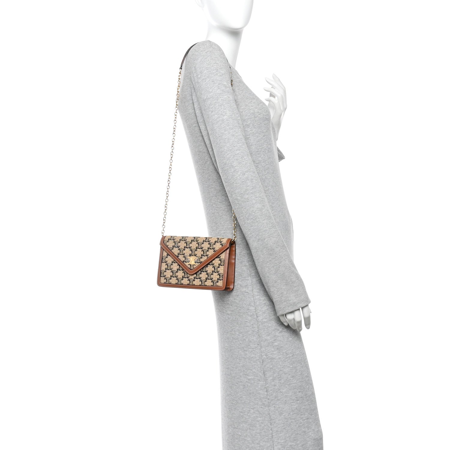 Celine Raffia Jacquard Calfskin Triomphe Wallet on Chain Natural Tan 2 of 11