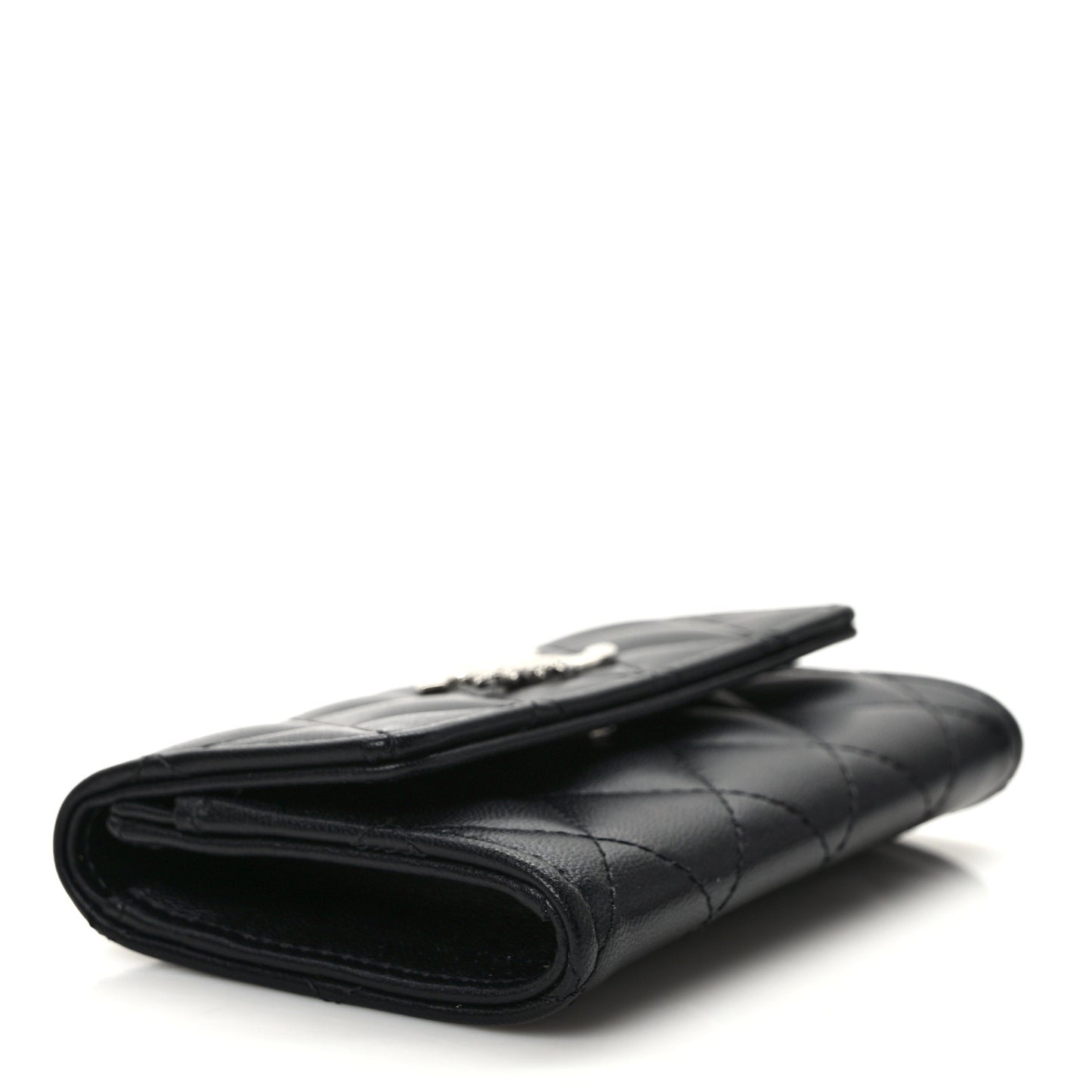 Lambskin Quilted Flap Crystal Star Card Holder Wallet Black