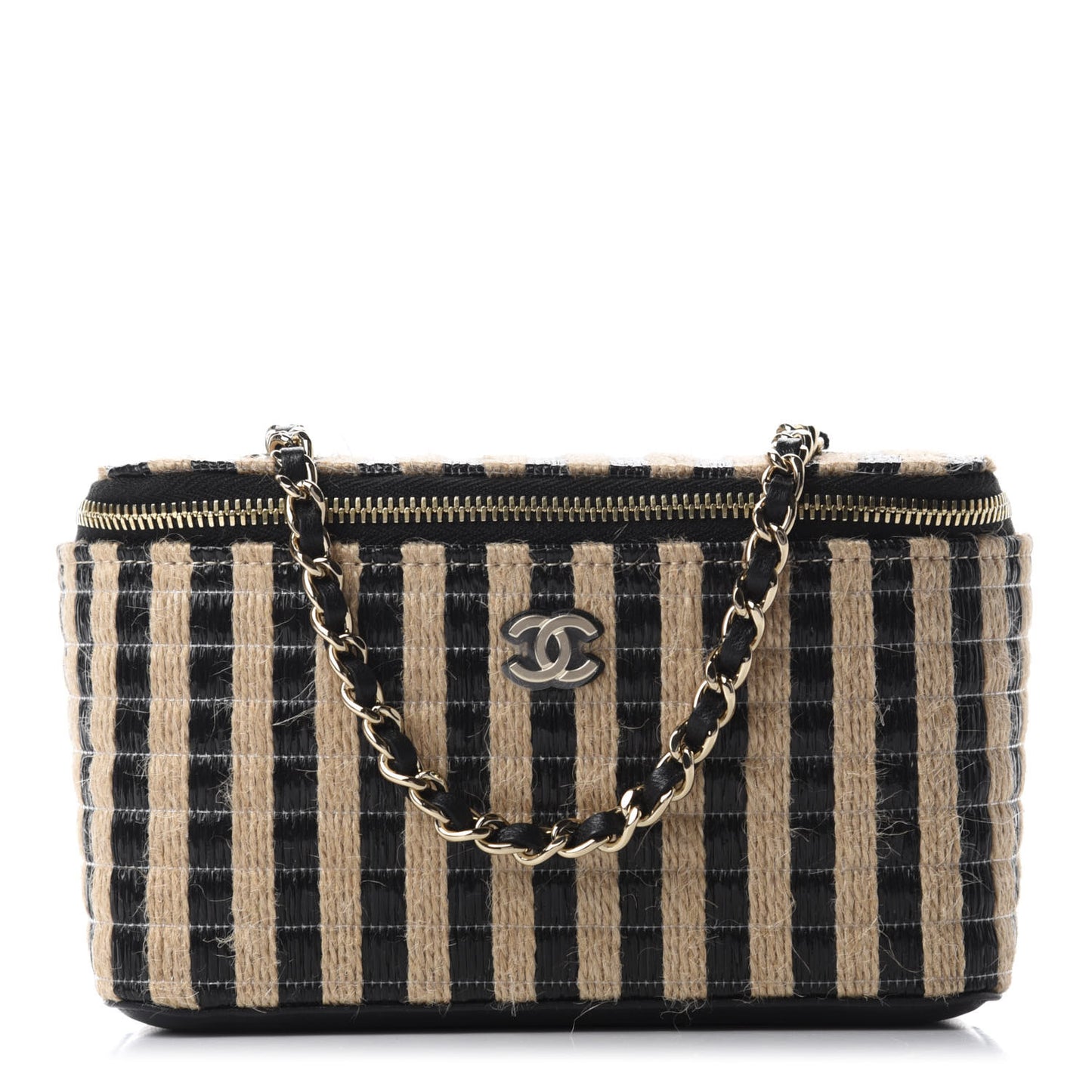 Raffia Jute Striped Small Vanity Case With Chain Black Beige