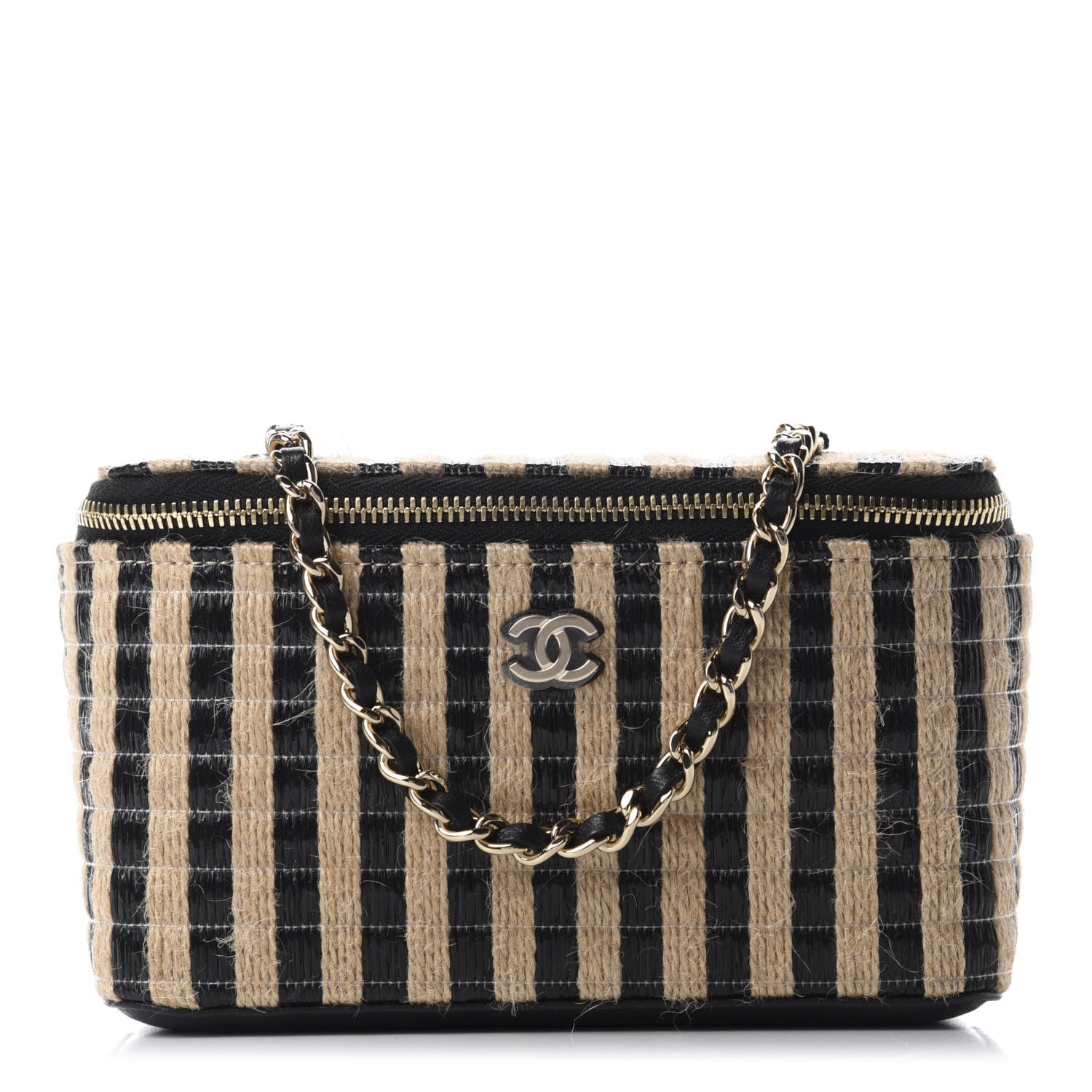 Chanel Raffia Jute Striped Small Vanity Case With Chain Black Beige 1 of 11