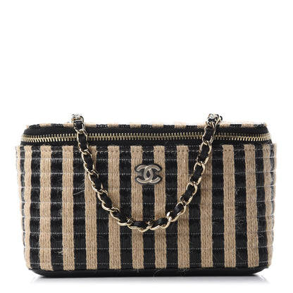 Chanel Raffia Jute Striped Small Vanity Case With Chain Black Beige 1 of 11