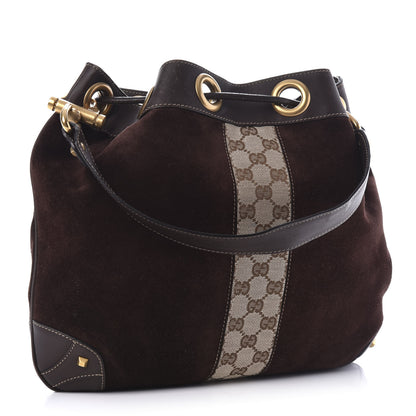 Gucci Suede Monogram Drawstring Bag Brown 2 of 9