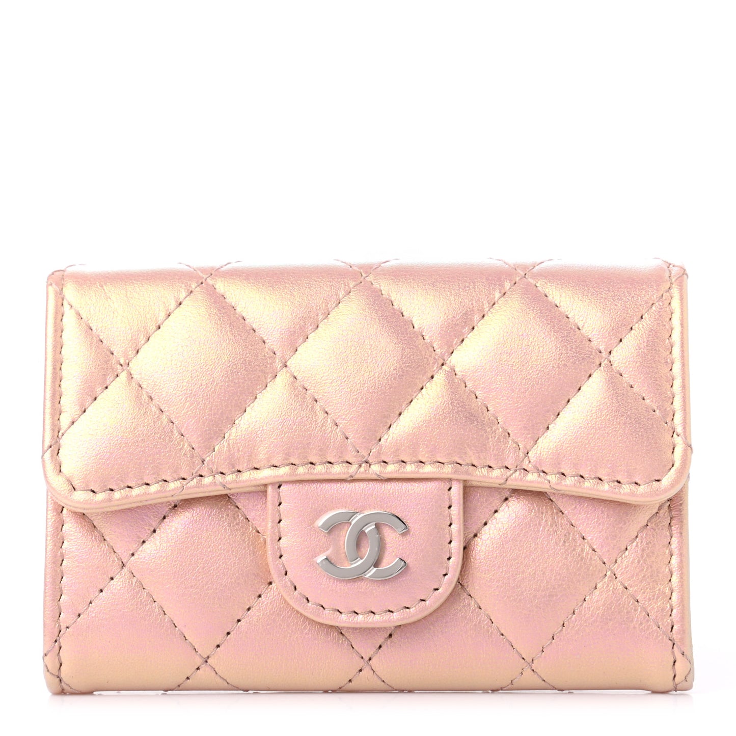 Iridescent Calfskin Quilted Flap Card Holder Wallet Pink