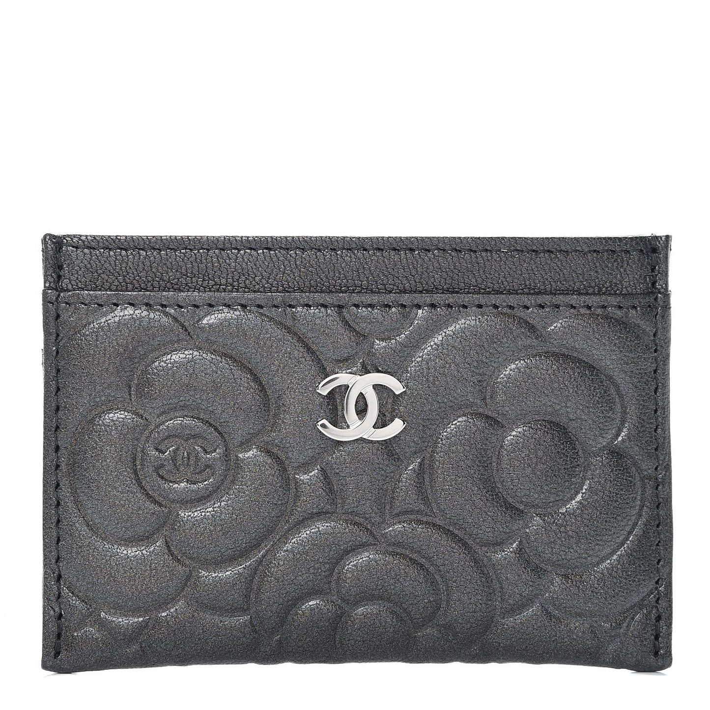Goatskin Camellia Embossed Card Holder Grey