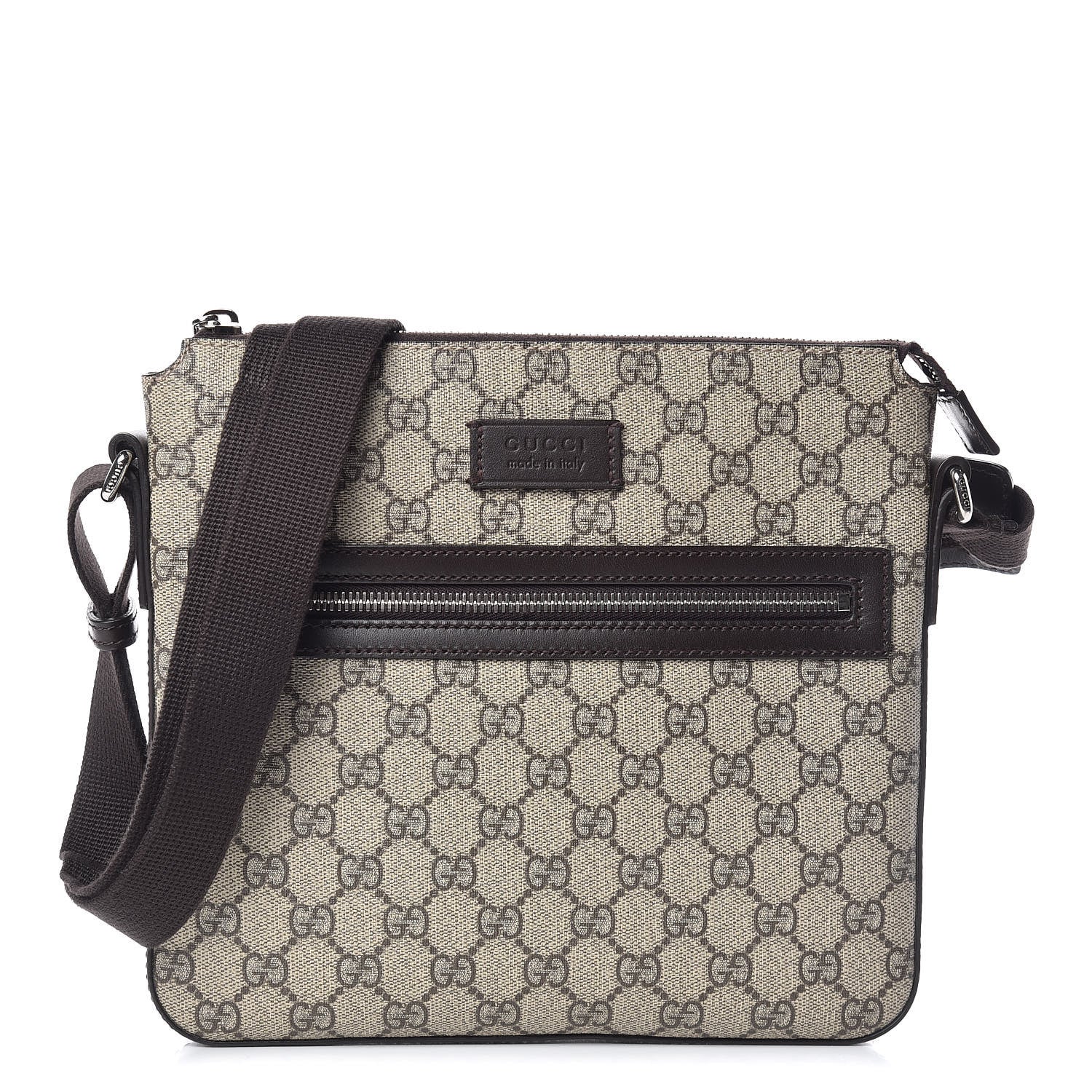 Gucci GG Supreme Monogram Selleria Calfskin Small Flat Messenger Bag Beige Ebony Cocoa Marrone Scuro 1 of 9