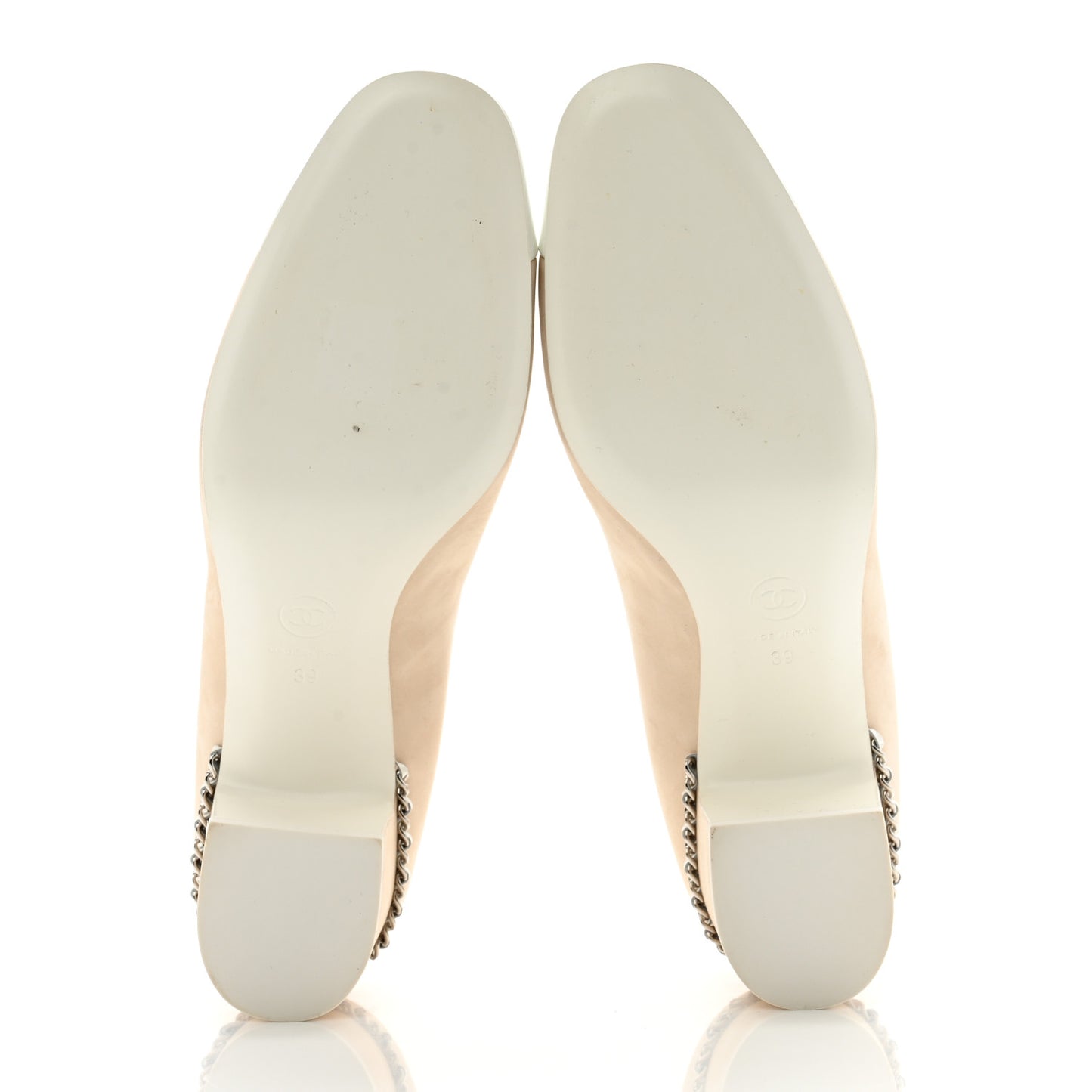 Velvet Matte Calfskin Patent Chain CC Cap Toe Pumps 39 Beige White