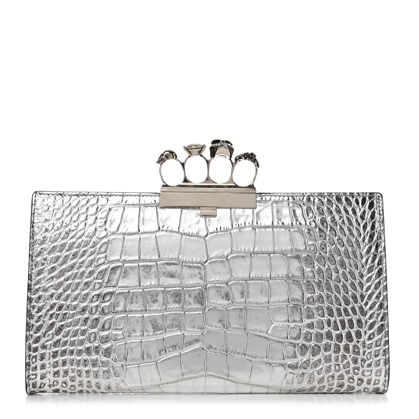 Metallic Calfskin Crocodile Embossed Four Ring Flat Pouch Bag Silver