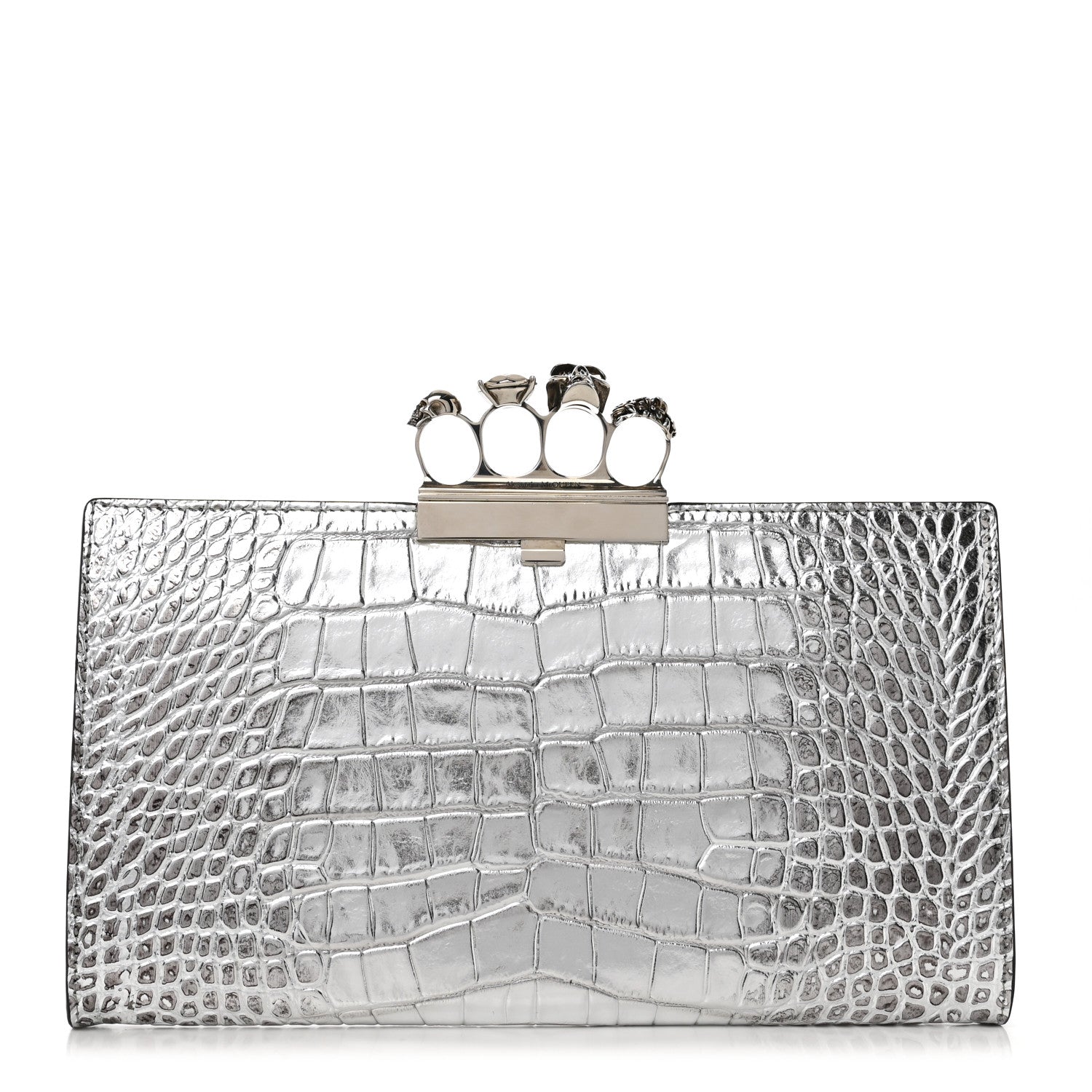 Alexander McQueen Metallic Calfskin Crocodile Embossed Four Ring Flat Pouch Bag Silver 1 of 10