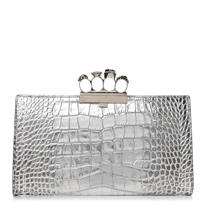 Alexander McQueen Metallic Calfskin Crocodile Embossed Four Ring Flat Pouch Bag Silver 1 of 10
