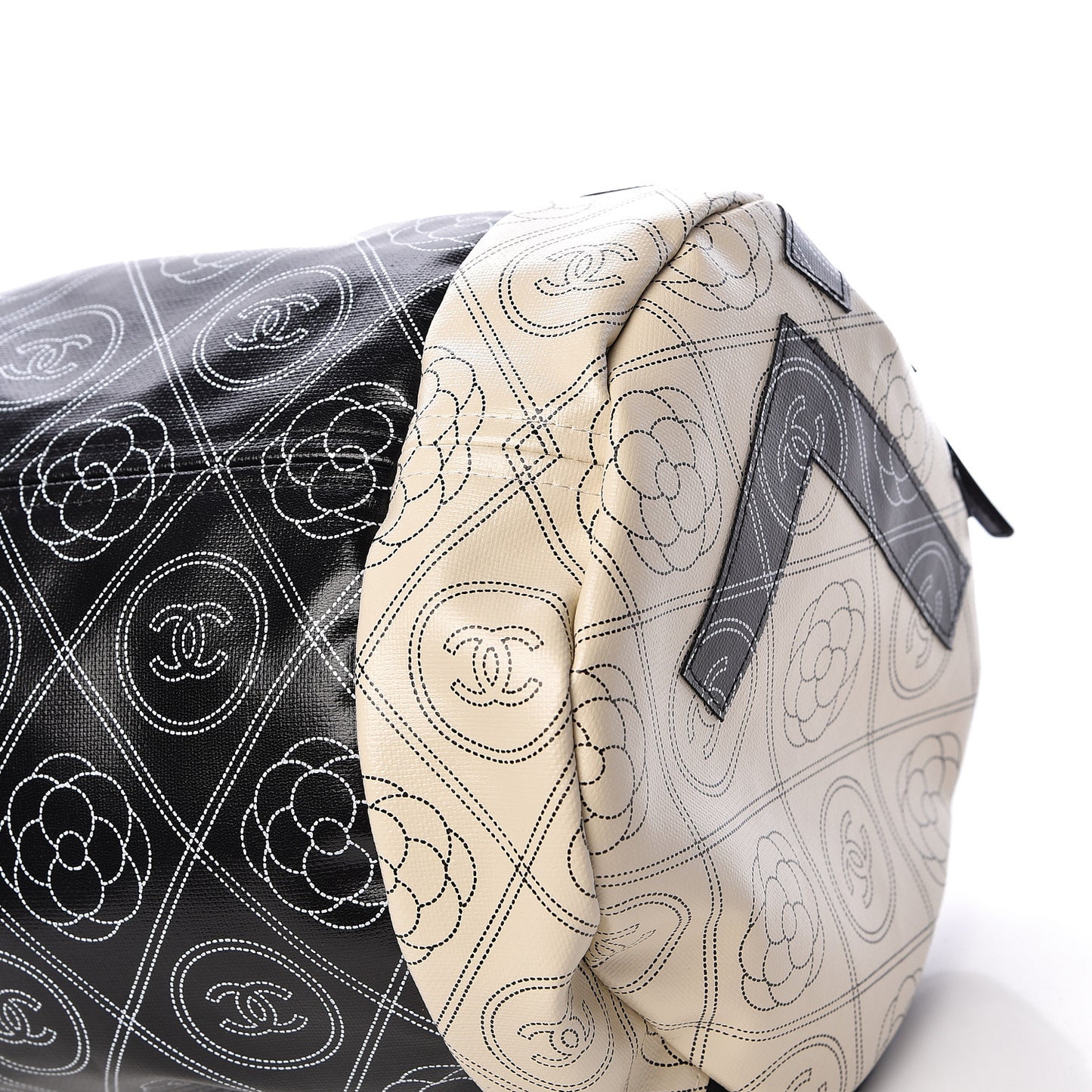 Coated Canvas Camellia Printed Calfskin Bowling Bag Black Beige