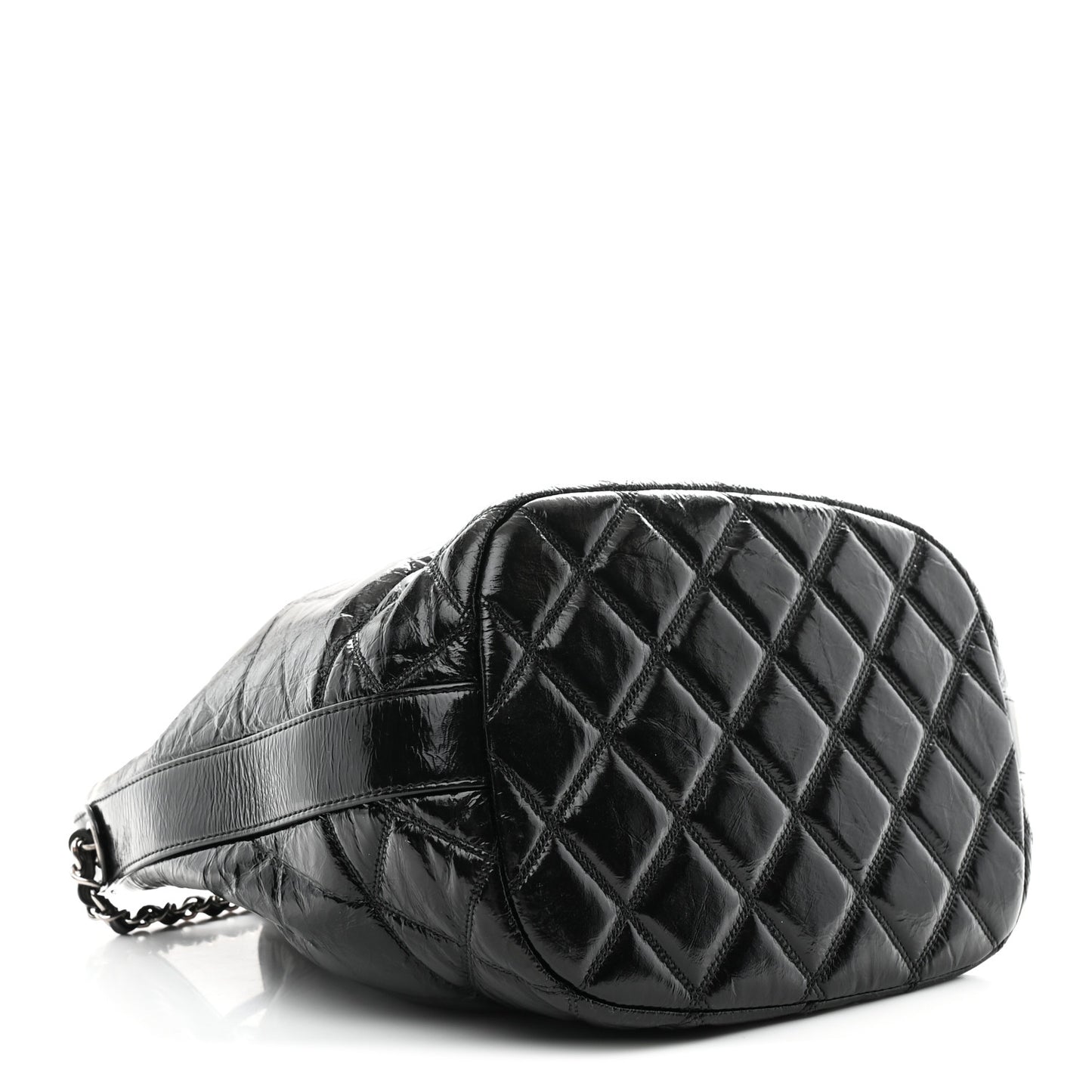 Shiny Aged Calfskin CC Chain Drawstring Bag Black