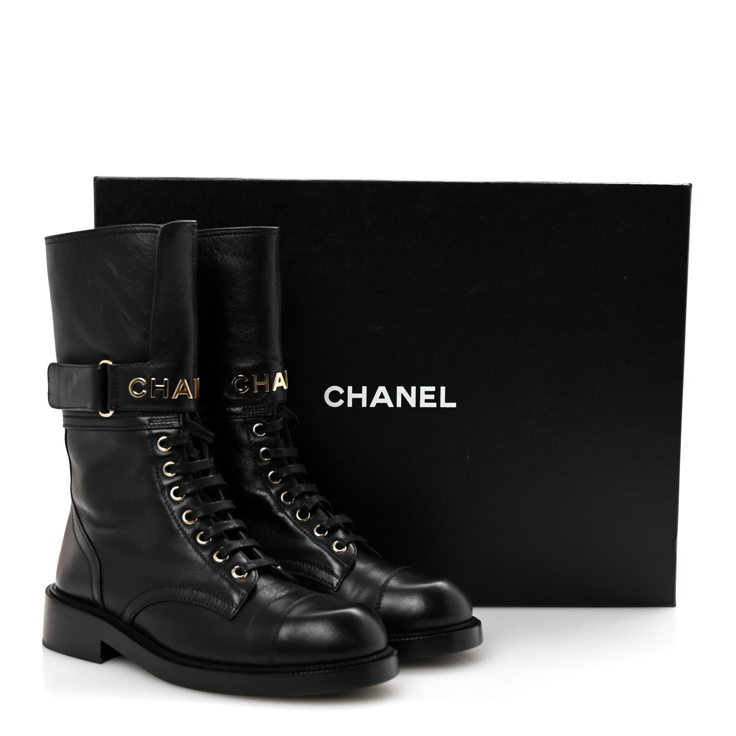 Chanel Lambskin Calfskin Lace Up Combat Boots 39 Black 1764805