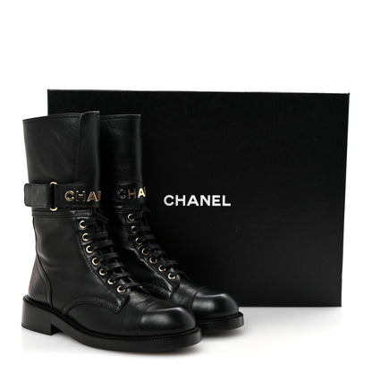 Chanel Lambskin Calfskin Lace Up Combat Boots 39 Black 9 of 9