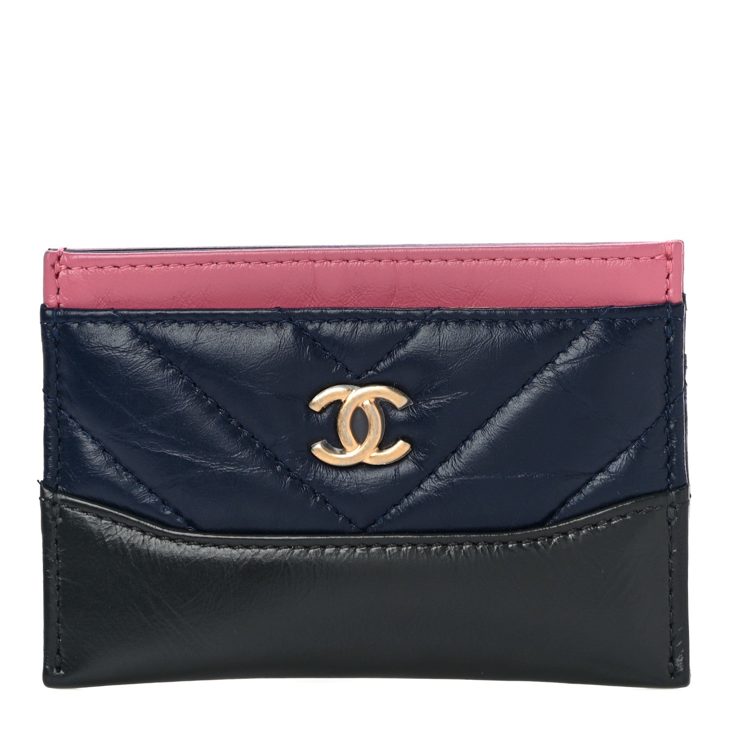 Chanel Aged Calfskin Chevron Quilted Gabrielle Card Holder Wallet Pink Navy Charcoal 1 of 12