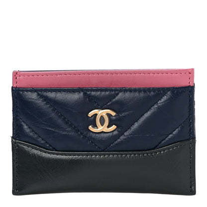 Chanel Aged Calfskin Chevron Quilted Gabrielle Card Holder Wallet Pink Navy Charcoal 1 of 12