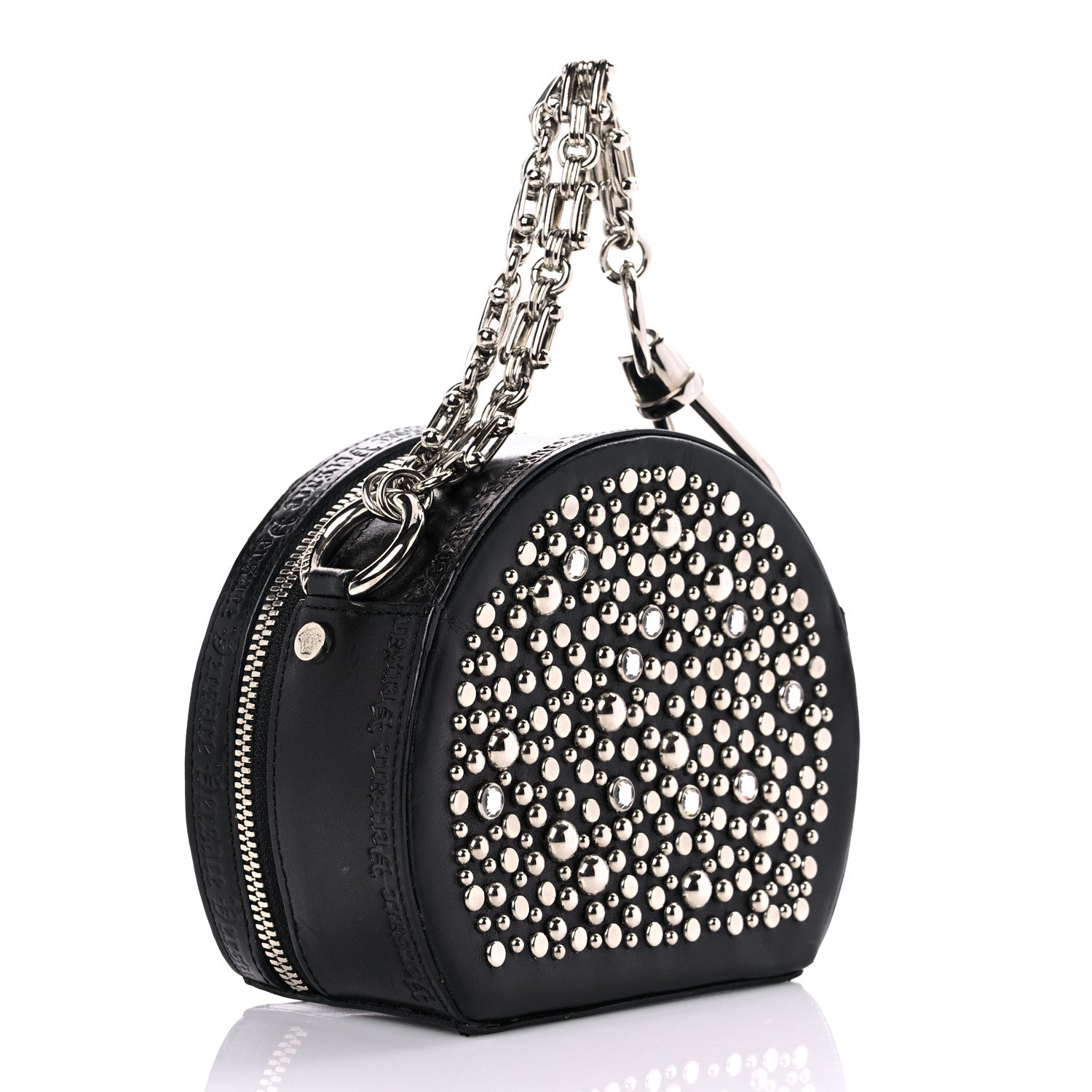 Versace Calfskin Crystal Studded Round Bag Black 3 of 12