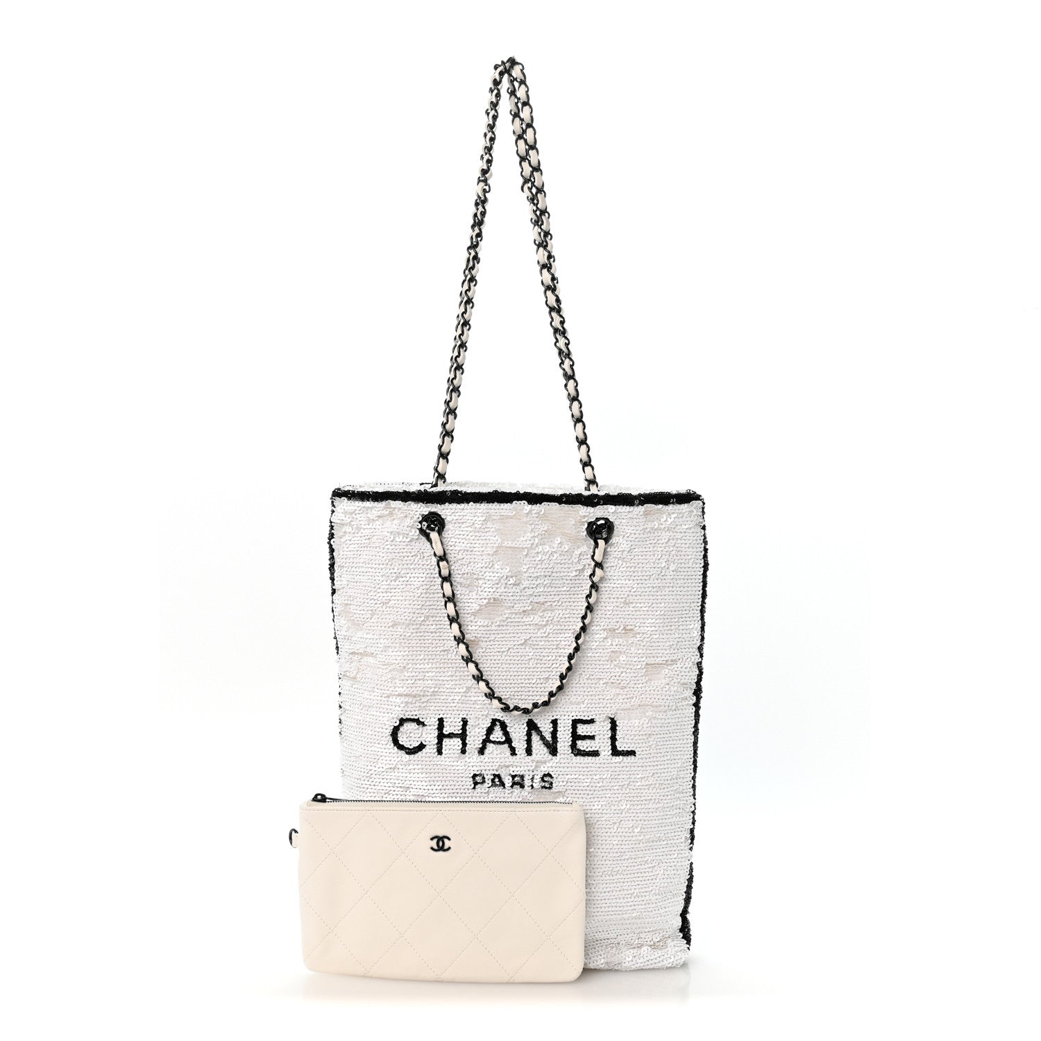 Chanel Sequin Logo Shopping Tote White Black 3 of 11