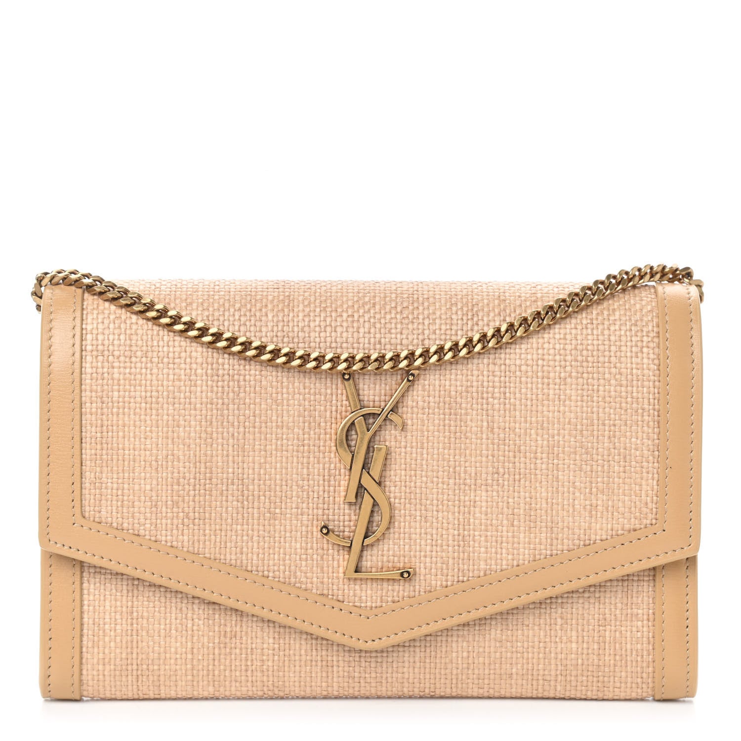 Saint Laurent Micro Raffia Monogram Uptown Chain Wallet Natural Hay Blush 1 of 9