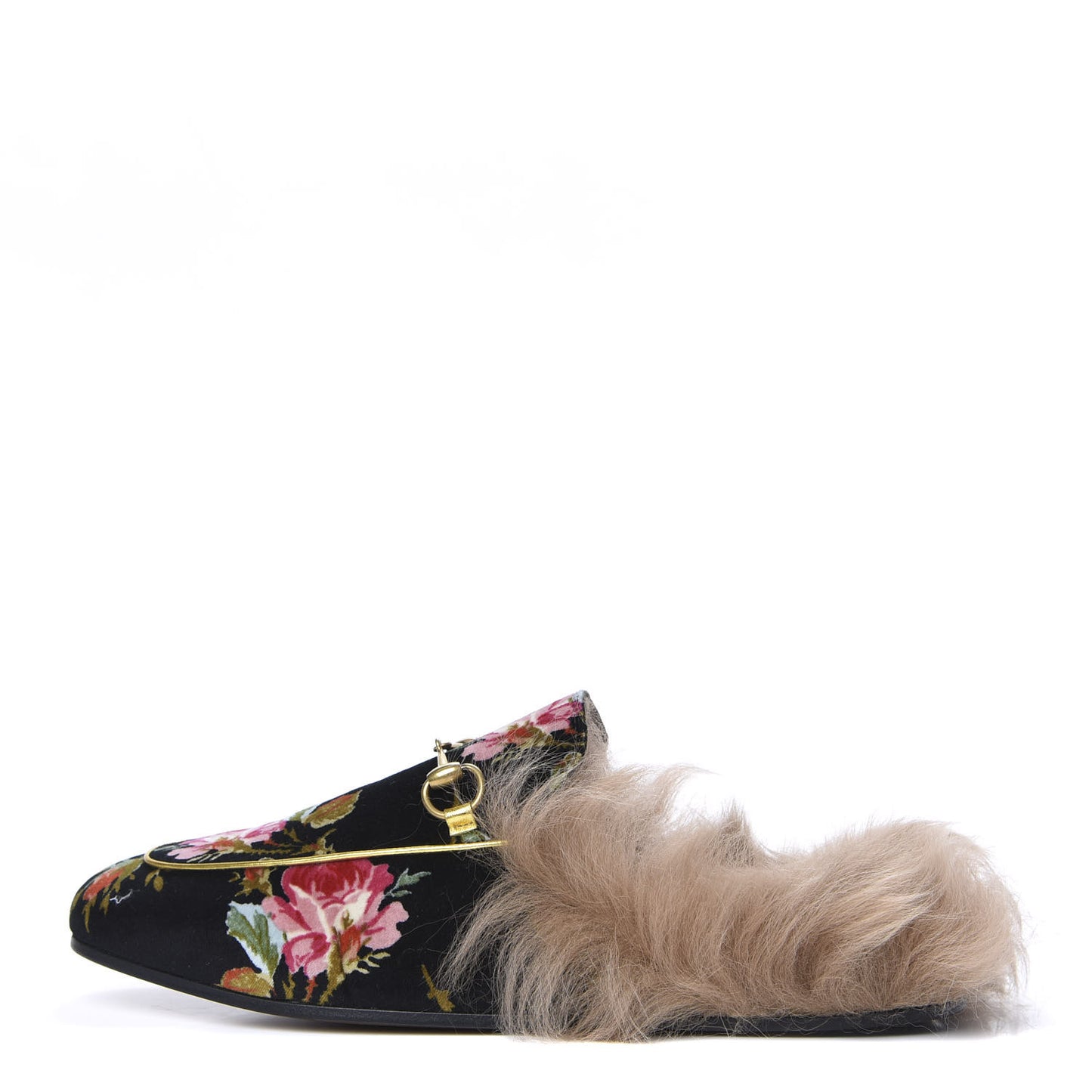 Velvet Fur Floral Womens Princetown Slippers 39.5 Black