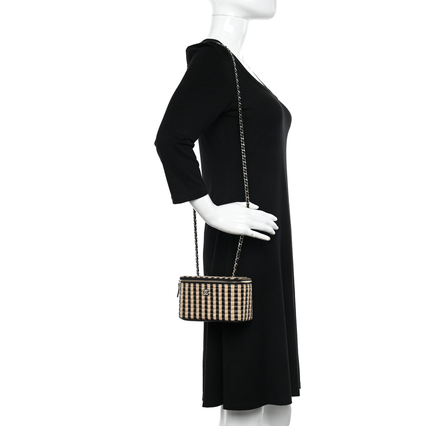 Raffia Jute Striped Small Vanity Case With Chain Black Beige