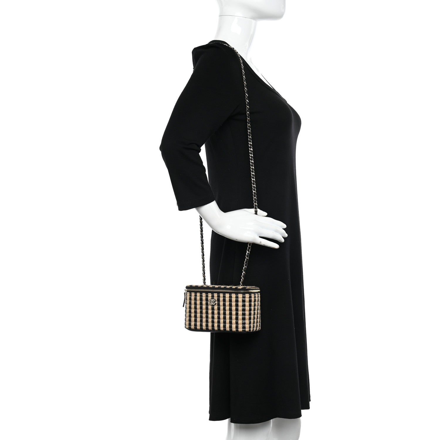 Chanel Raffia Jute Striped Small Vanity Case With Chain Black Beige 2 of 10