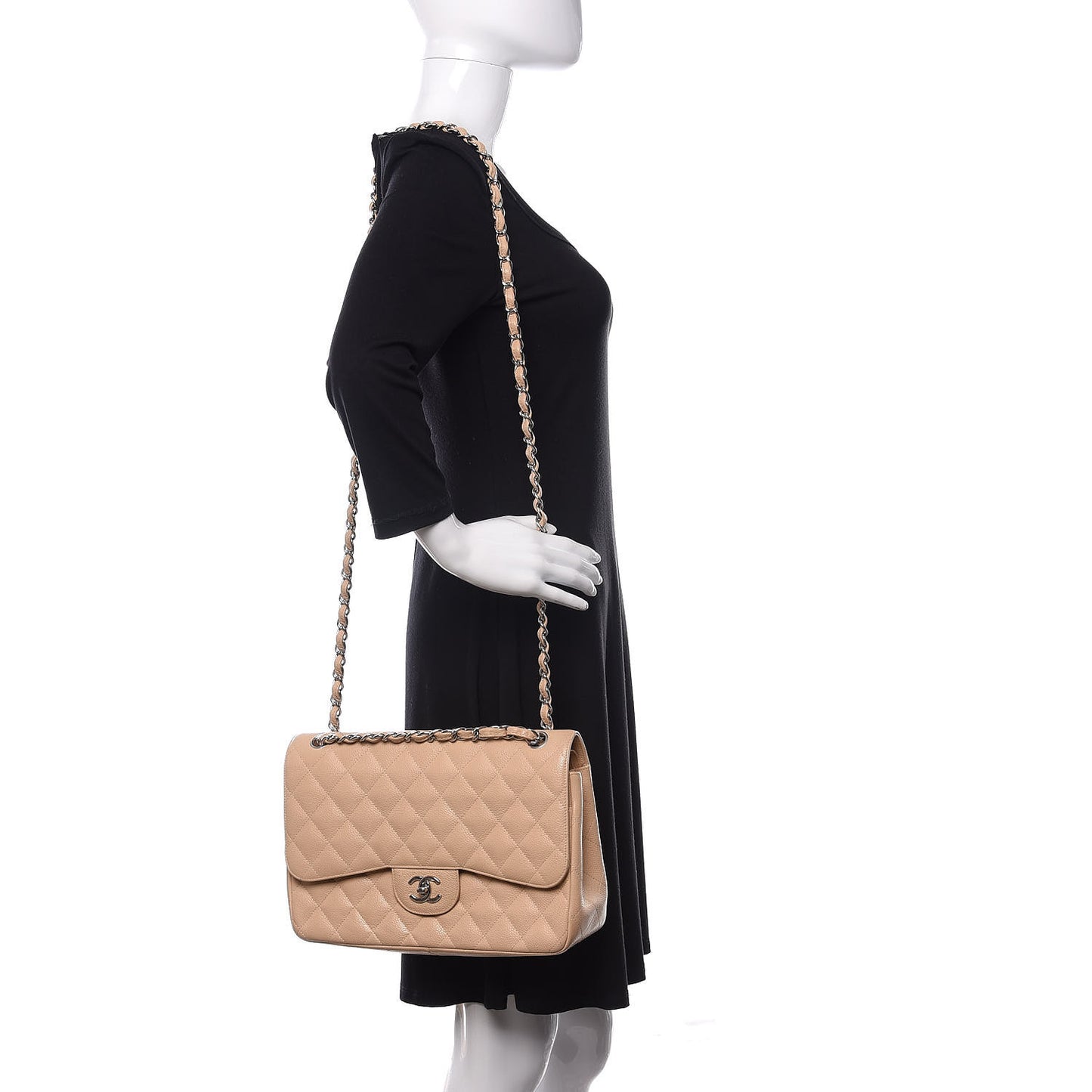 Caviar Quilted Jumbo Double Flap Beige