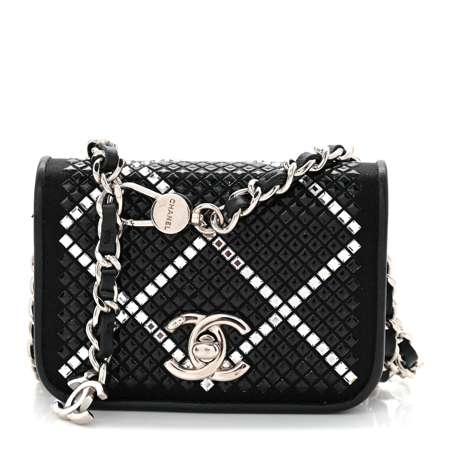 Lambskin Crystal Quilted Mini Chain Belt Bag Black