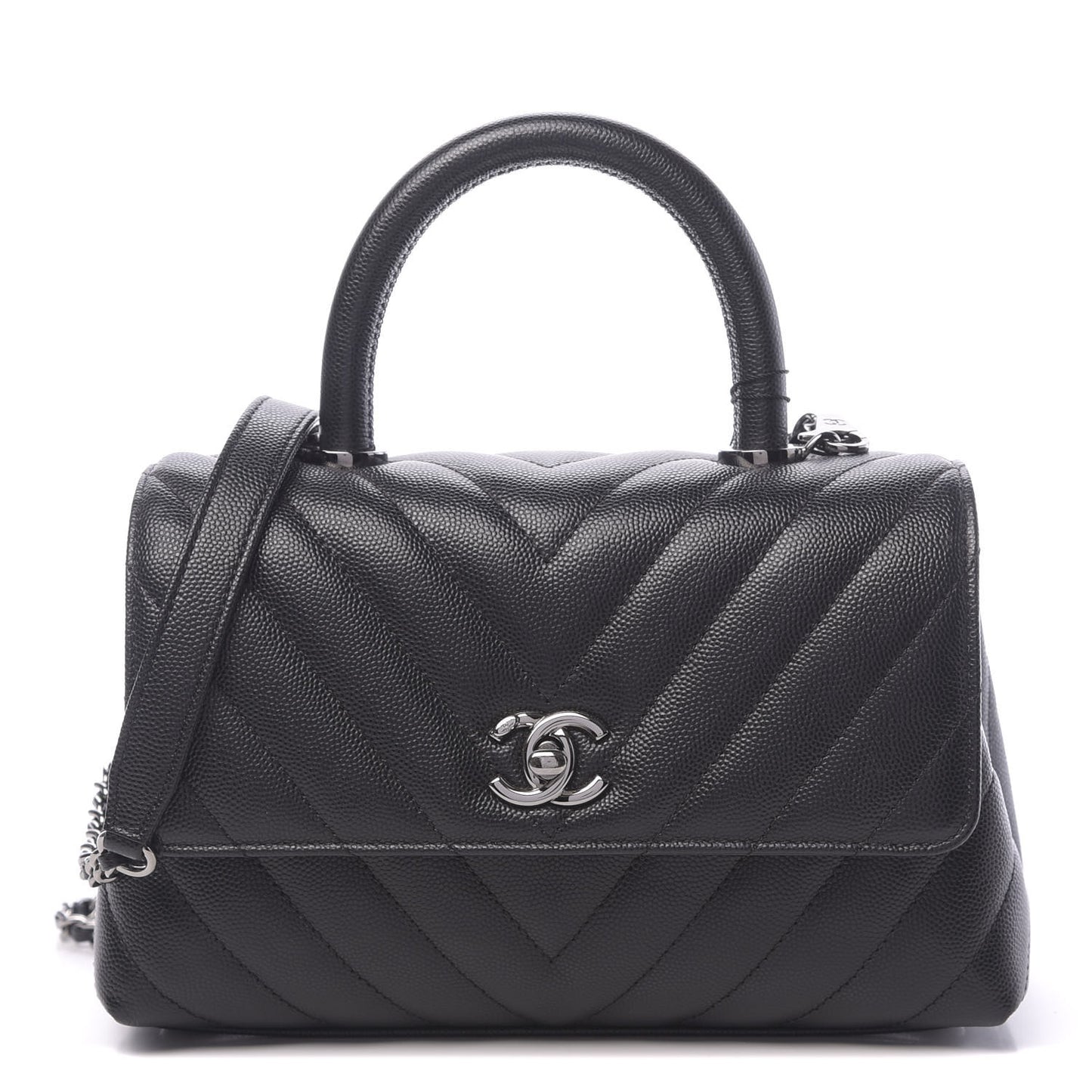 Caviar Chevron Quilted Mini Coco Handle Flap Black