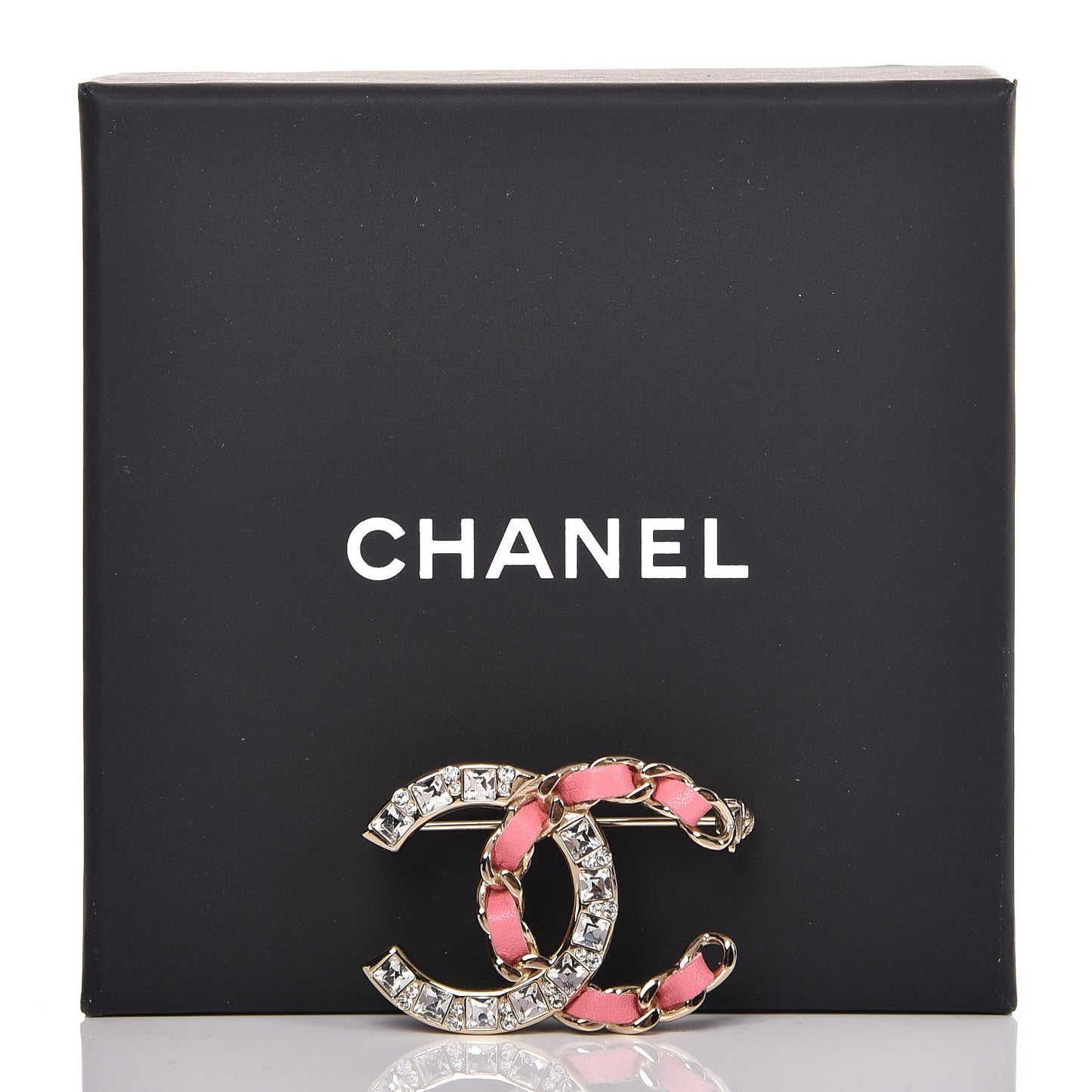 Lambskin Crystal Chain CC Brooch Pink Gold