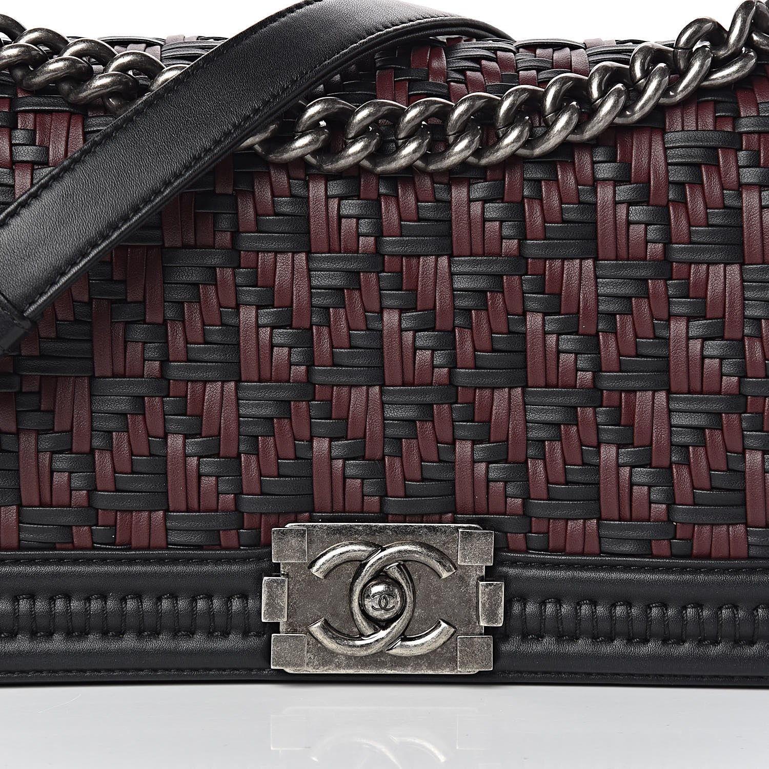 Chanel Calfskin Woven Medium Boy Flap Black Burgundy 13 of 14