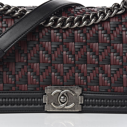 Chanel Calfskin Woven Medium Boy Flap Black Burgundy 13 of 14