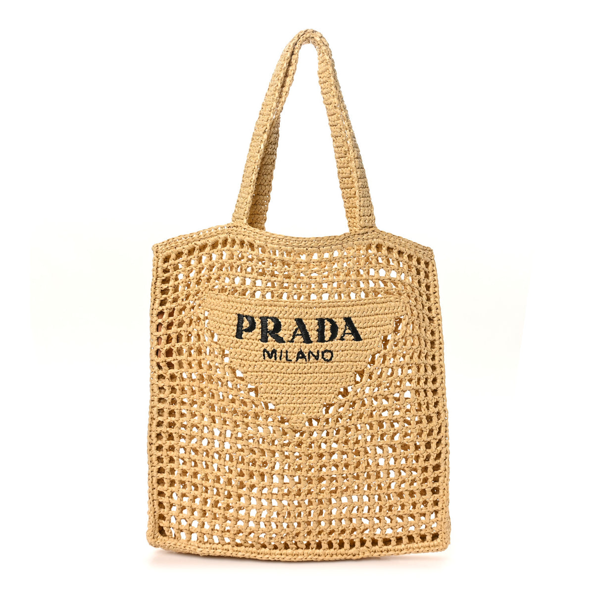 Prada Yarn Raffia Effect Crochet Logo Embroidered Tote Bag Naturale 1 of 8