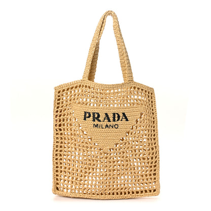 Prada Yarn Raffia Effect Crochet Logo Embroidered Tote Bag Naturale 1 of 8