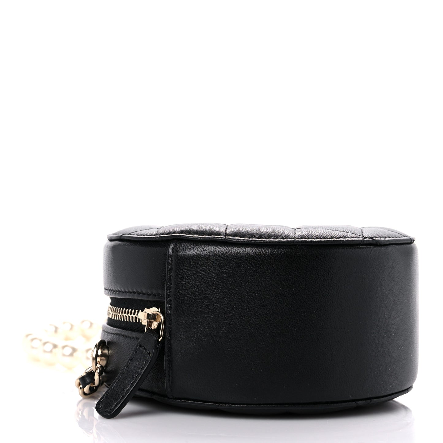Lambskin Quilted Pearl Chain Round Clutch With Chain Black